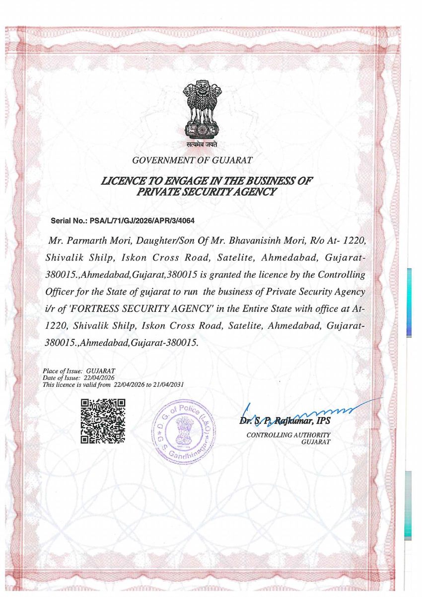 PSARA licence issued to Fortress Security Agency by the Government of Gujarat